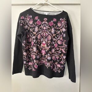 J. Jill Black Women’s Charcoal Gray Cotton Sweater Pink &Purple Floral Print PS